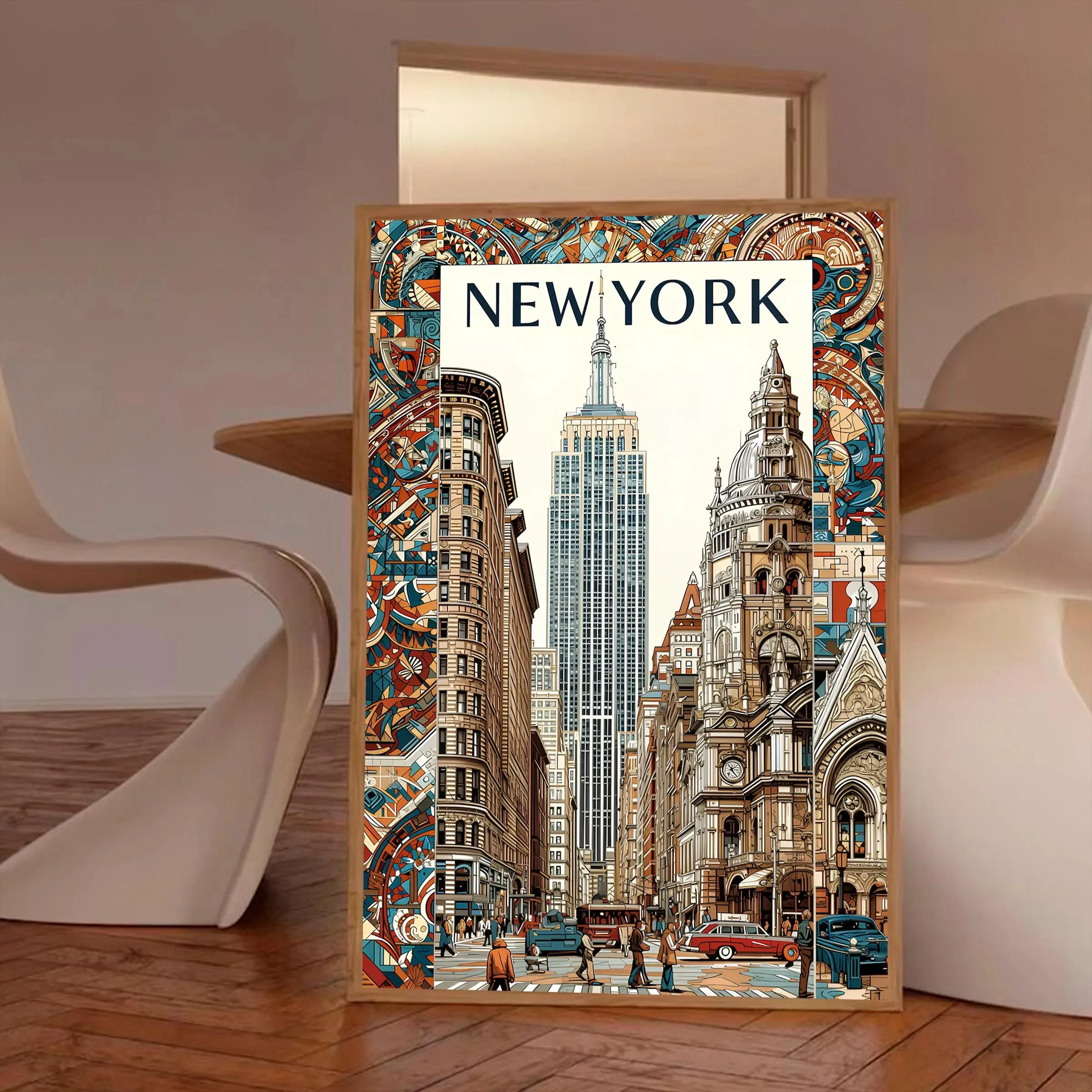 

New York prints, vintage New York City travel posters, retro street scene art, detailed architectural illustrations, home décor.