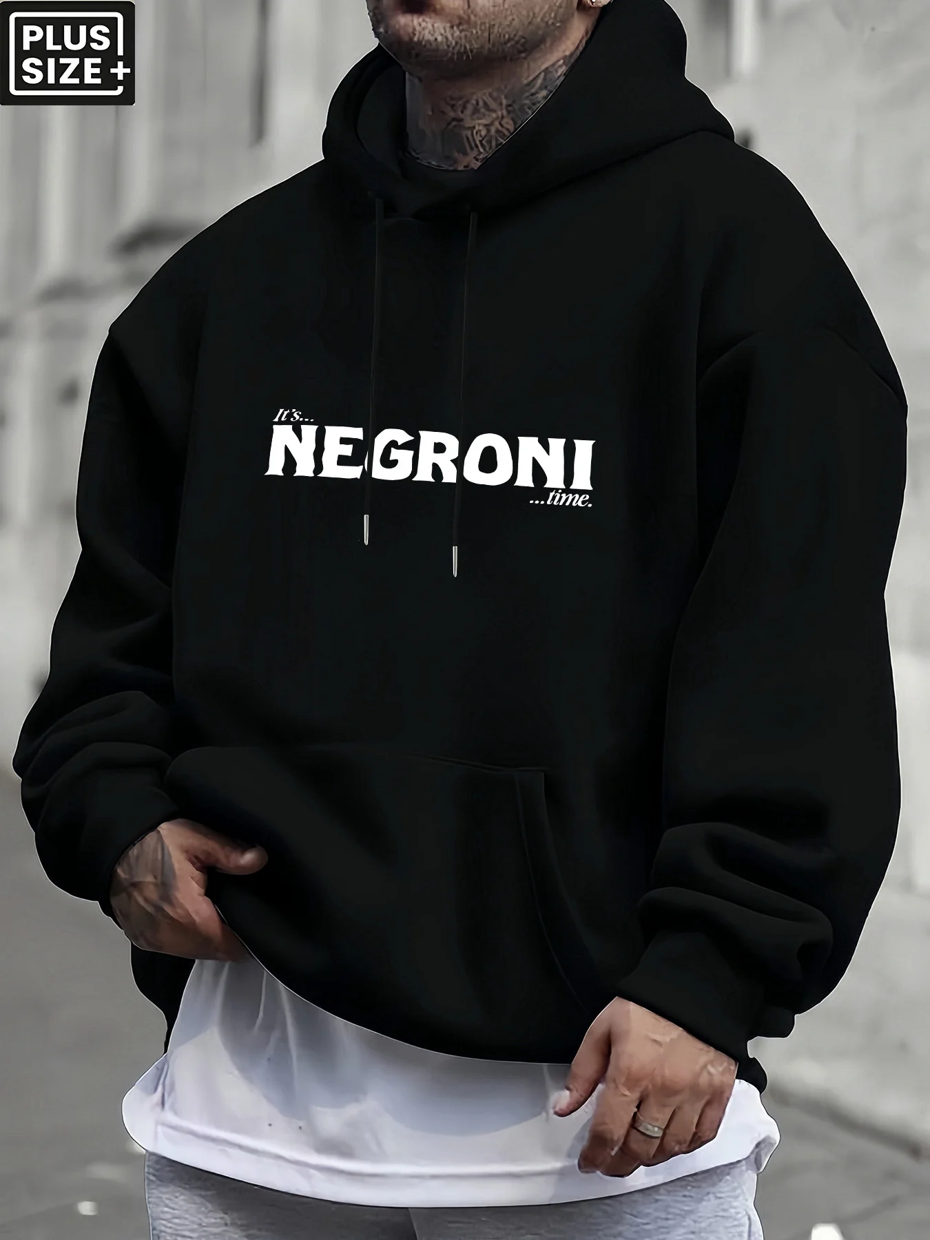 [95 % Baumwolle, 5 % Elasthan] Herren-Freizeit-Sweatshirt mit Kapuze und Tasche, Übergröße, mit „Negroni“-Aufdruck, 240 g, als Basisschicht für alle Jahreszeiten geeignet.