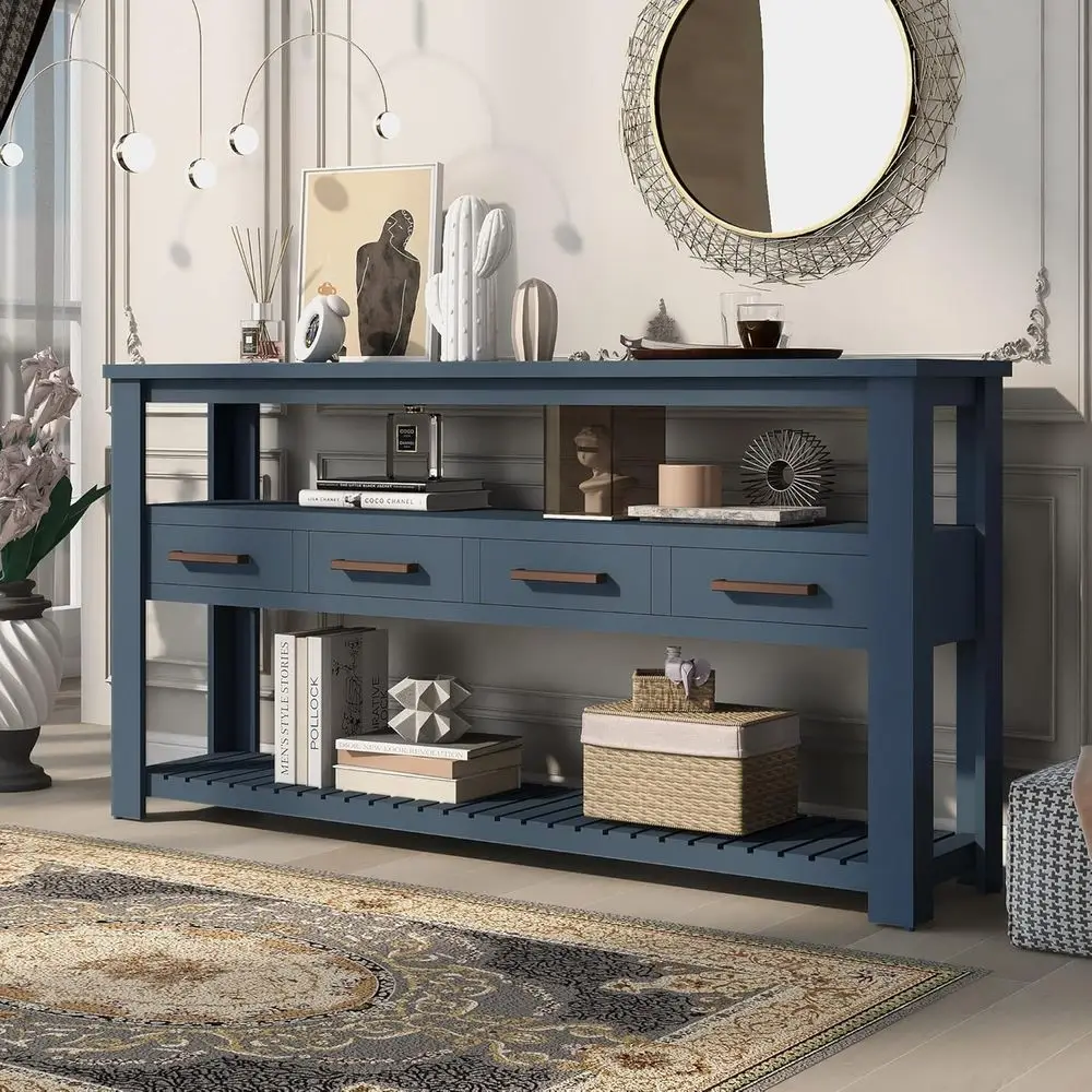 

62 Blue Wooden 3-Tier Entryway Table with 4 Drawers for Living Room, Hallway, and Kitchen
