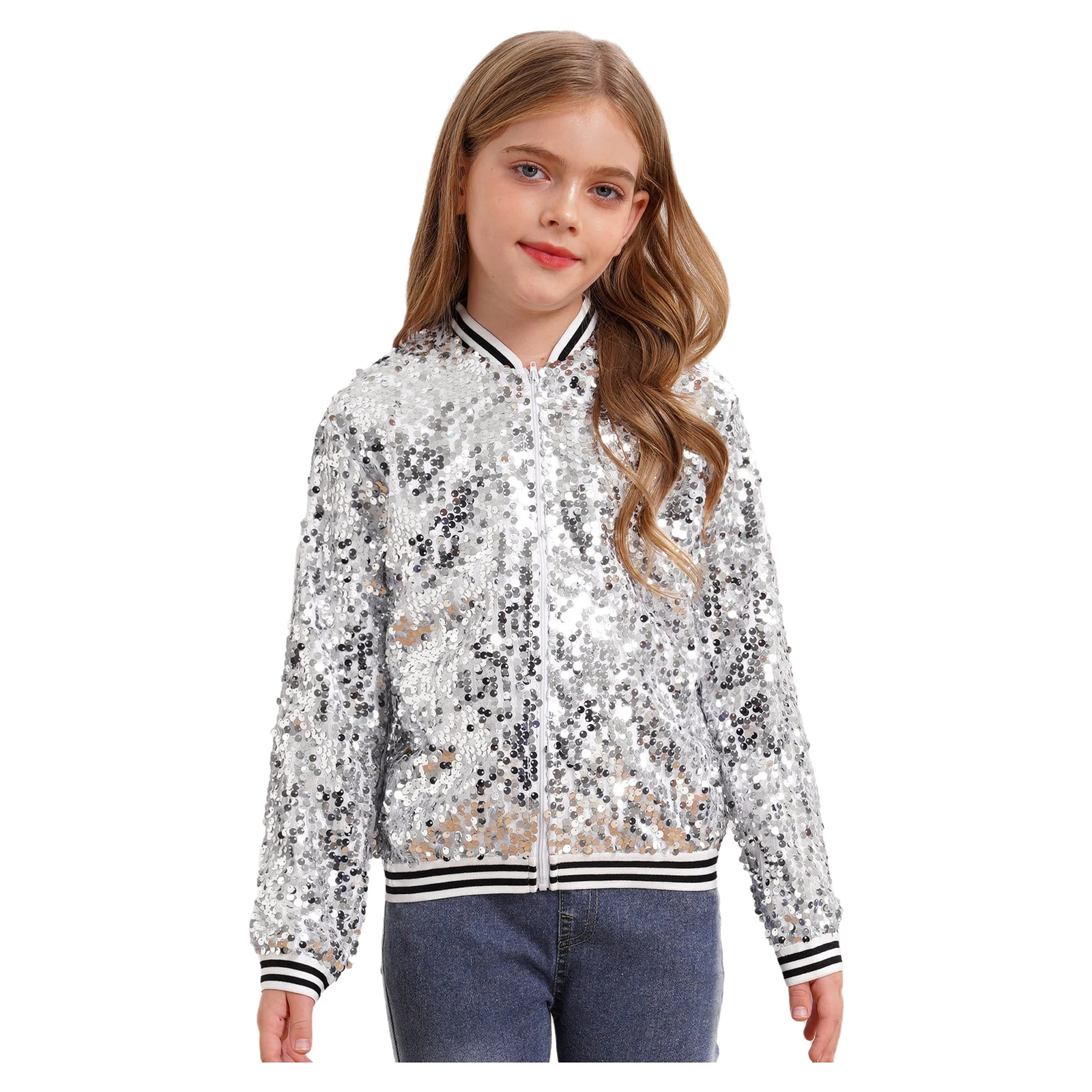 Kids Girls Sparkly Sequin Baseball Jackets Coat Long Sleeve Front Zip Up Striped  Trim Outerwear Dancing Party Bomber Jackets