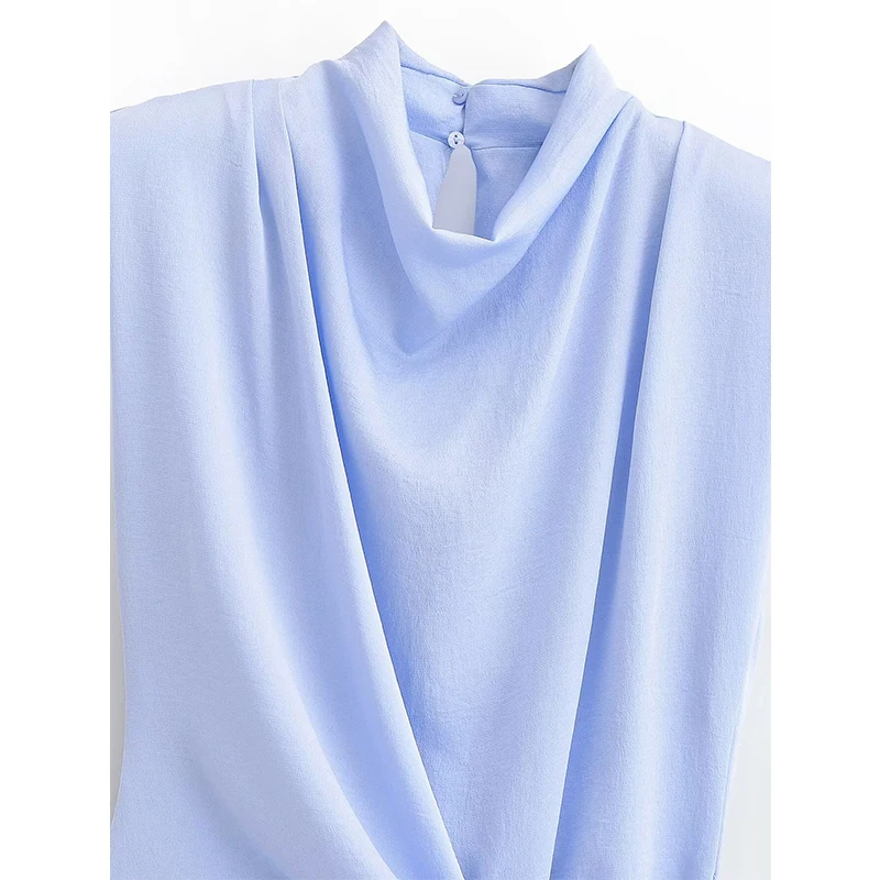 YENKYE Fashion New Women Light Blue Sleeveless Blouse High Neck Wrap Side Bow Tie Elegant Satin Summer Tops view 5