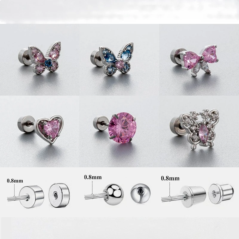 1pc  Korean Butterfly Stainless Steel Stud Women's Earrings Septum Piercing Zircon Love Heart Ear Lobe Tragus helix Jewelry Gift