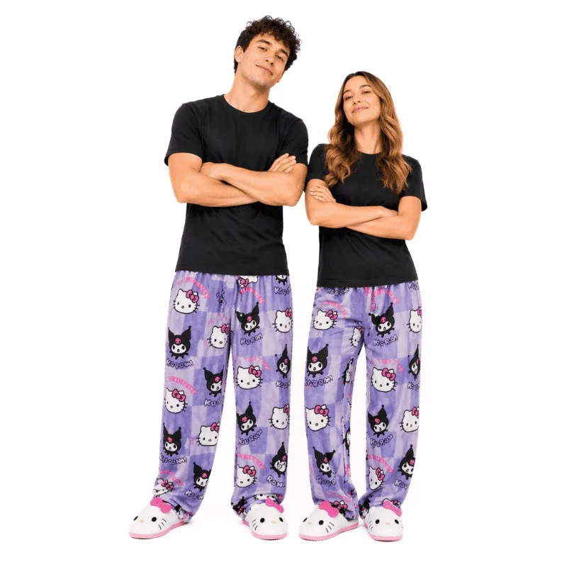 Hello Kitty Kuromi Couple Flannel Pajama Bottoms Purple Plaid Cartoon Print Soft Sleep Pants Cozy Home Loungewear Trousers