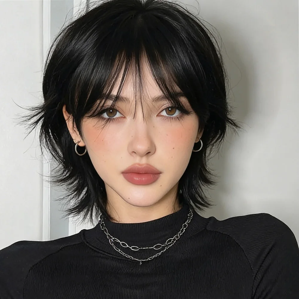 8インチショートマルレットヘッドウィッグ（前髪付き）100-人毛ウィッグ-女性用ブラックショートヘアウィッグ-日常使い・パーティー用-機械製