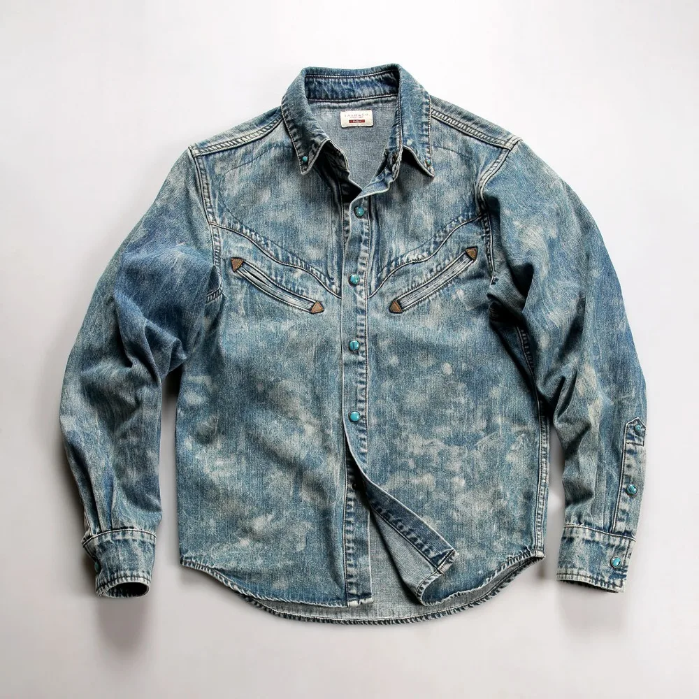 

Mens Denim Shirt Vintage American Style Cotton Long Sleeve with Green Buttons