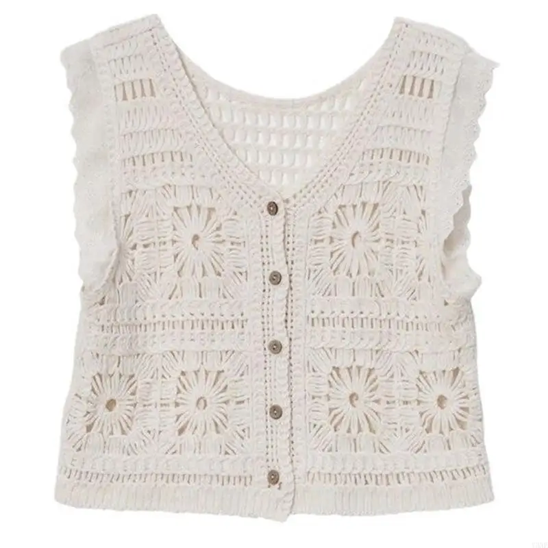 Y3ne crochet flor v cuello sin mangas sin mangas chaleco cárdigan recortado para mujer traje vacaciones