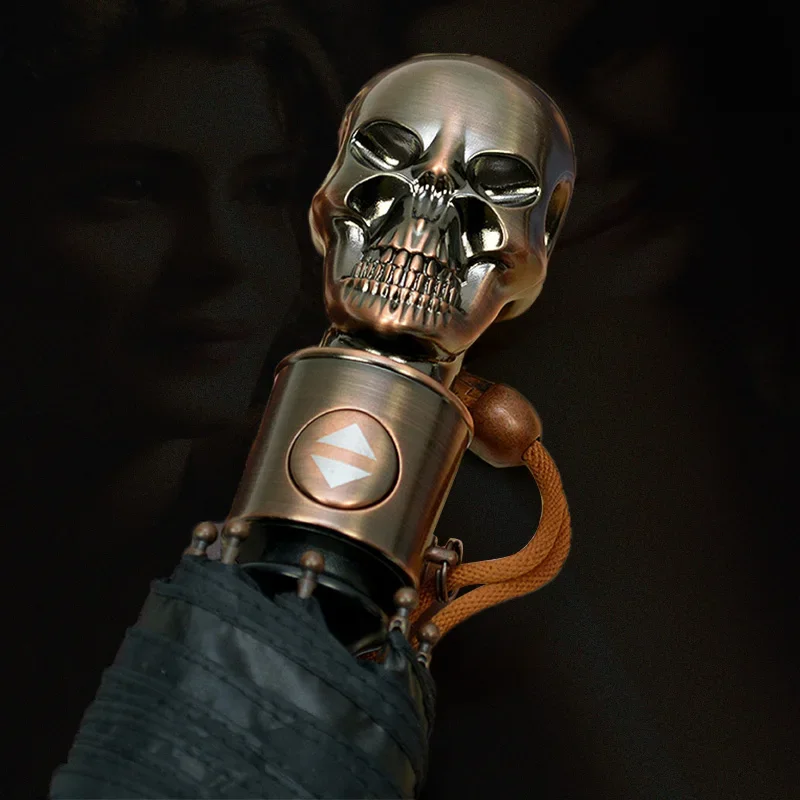 

Зонт TT Men с креативной металлической ручкой в виде черепа, в стиле панк-ретро, ветрозащитный, складной, автоматический, с 8 спицами, для мужчин и женщин