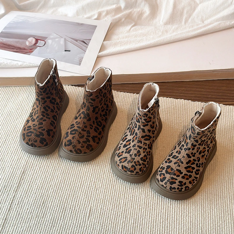 Autumn Winter Boots for Baby Boys Girls Leopard Print Children's Casual Shoes Anti-slip Soft Sole Outdoor Kids Short Boots