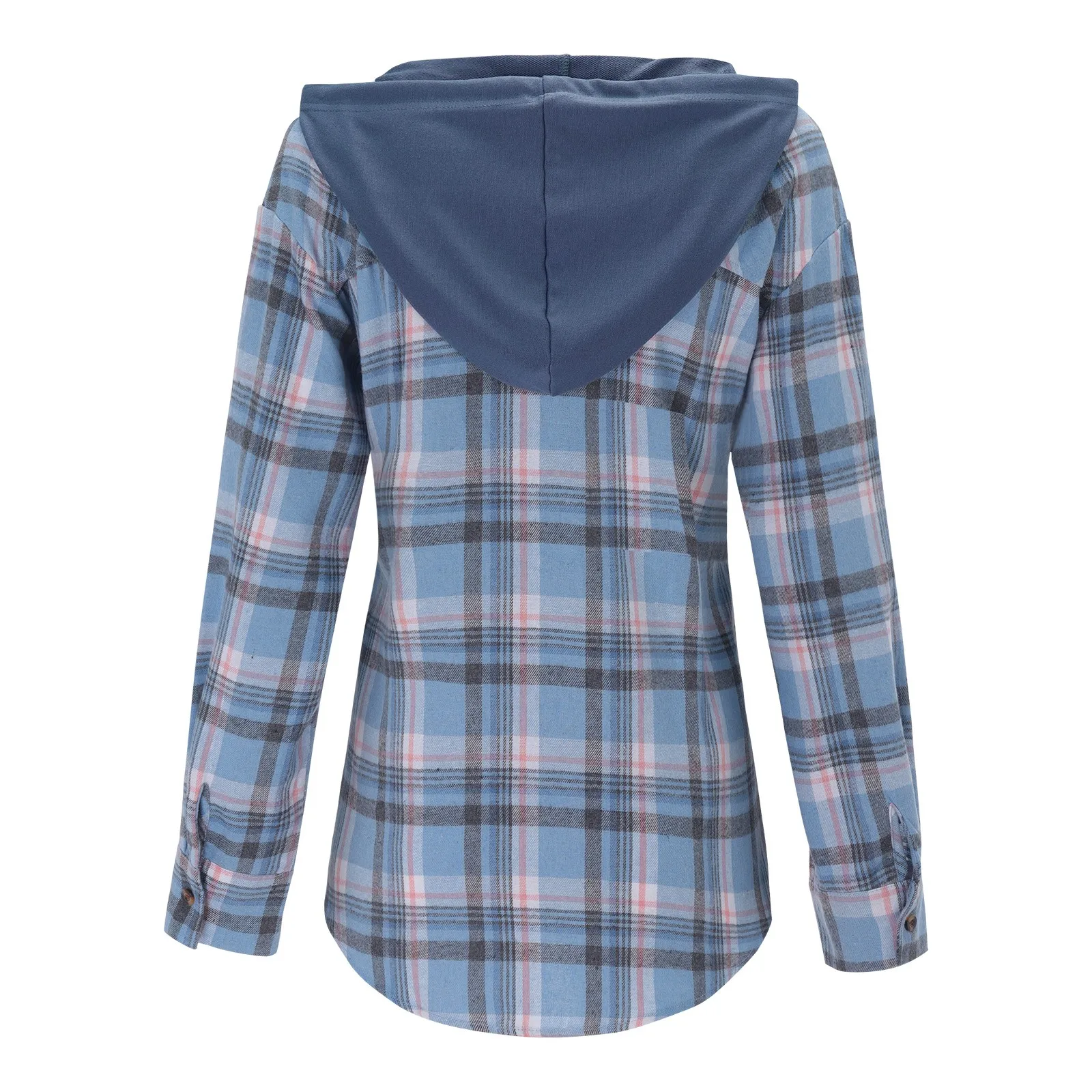 Women Long Sleeve Plaid Shirts Blue Button Down Pocket Blouse Tops Retro Casual Drawstring Hooded Shirt Camisas