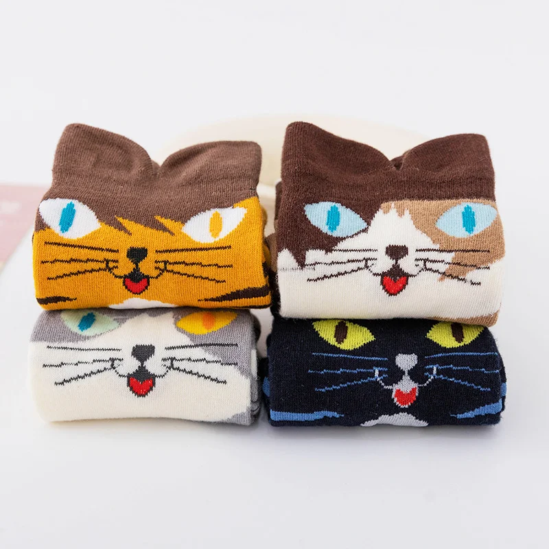 New Autumn Winter Warm Cute Cat Ear Socks Cartoon Animals Patterns Funny Socks Women\'s Pure Cotton Cat Eye Middle Tube Sock