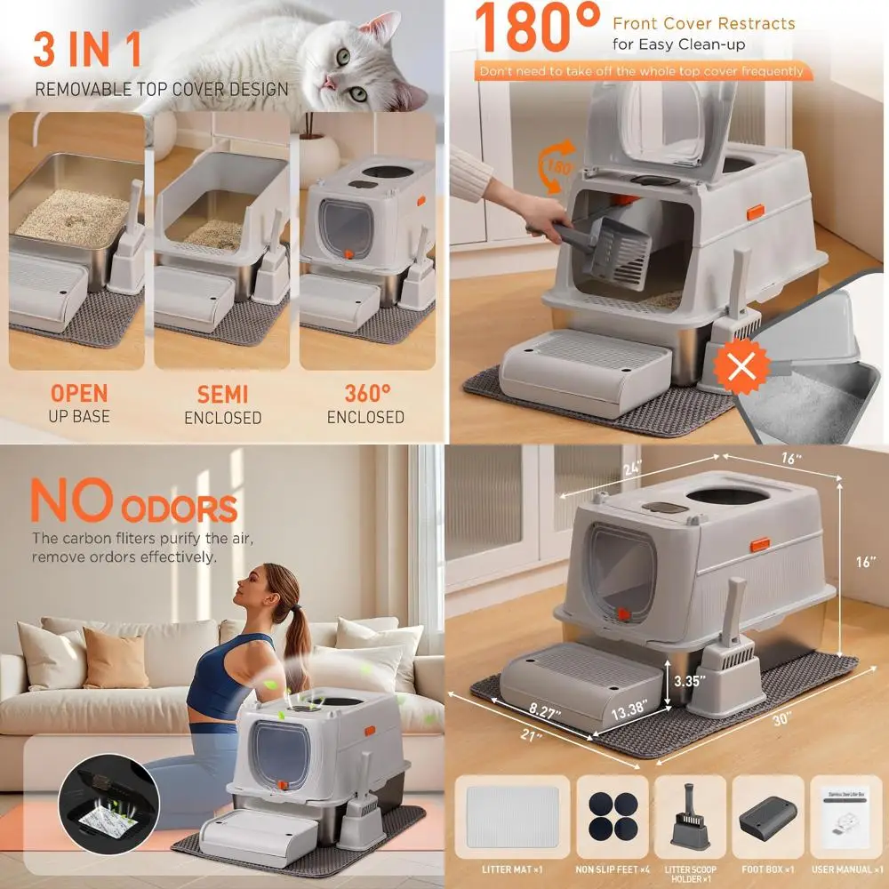 

Очень большой светло-серый лоток для кошек из нержавеющей стали с входом спереди и сверху, с крышкой, совком и двойным ковриком, герметичный и легко чистится