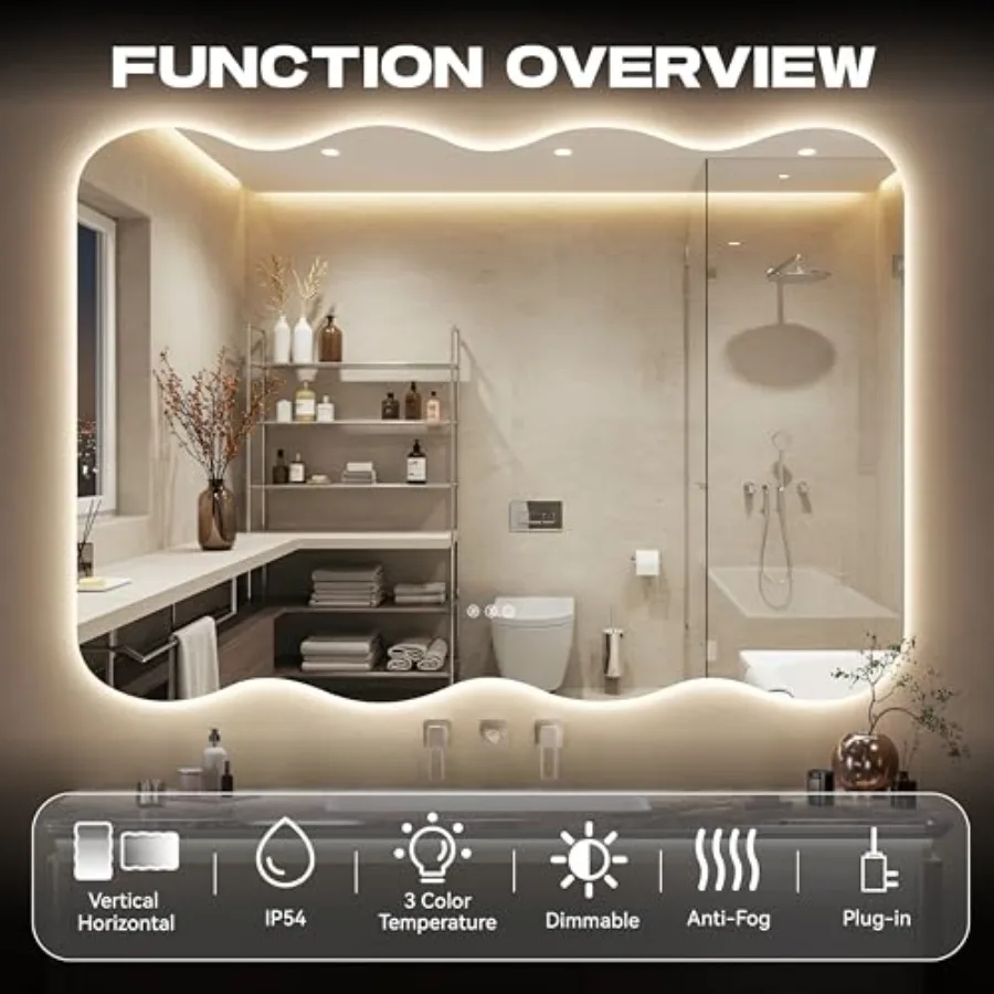 Wavy Full Length Mirror with Lights - 28"×20" LED Wavy Floor Mirror Frameless Dimmable Standing or Vertical/Horizontal Wall-Mou view 3