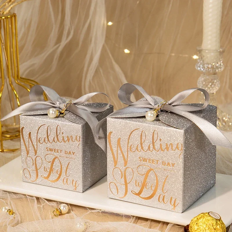 Champagne Gold Silver Bow Wedding Candy Box Portable Gift Box Sweet Wishes Happy Wedding Party Decor Bridal Shower Supplies