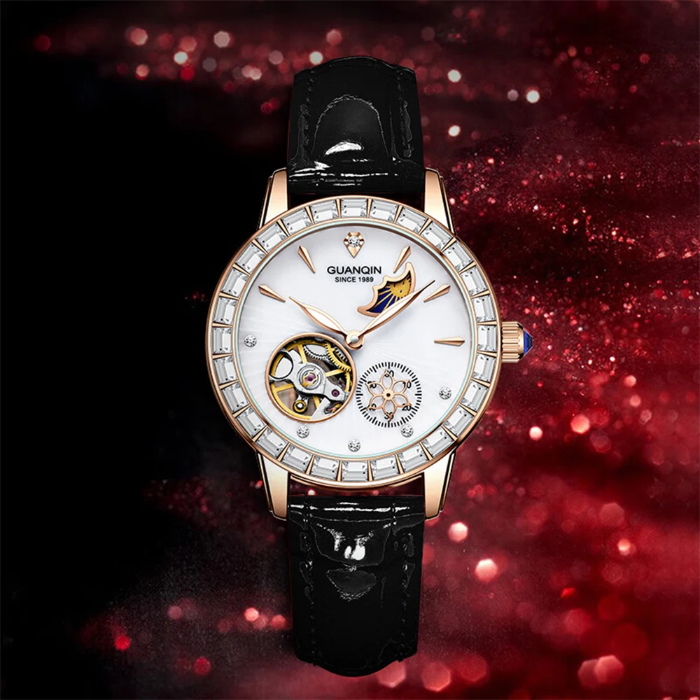 1pc GUANQIN Women Automatic Mechanical Watch Skeleton Tourbillon Luminous Waterproof Moon Phase Fashion Watch For Ladies Gifts