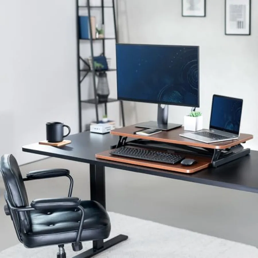 32 inch Standing Desk Riser for home office use, aluminum alloy construction, matte black finish, height-adjustable with dual-m
