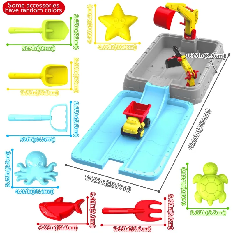Conjunto de brinquedos de praia - Mesa de areia com veículos de construção, acessórios com cores aleatórias - De volta às aulas/Natal/Halloween