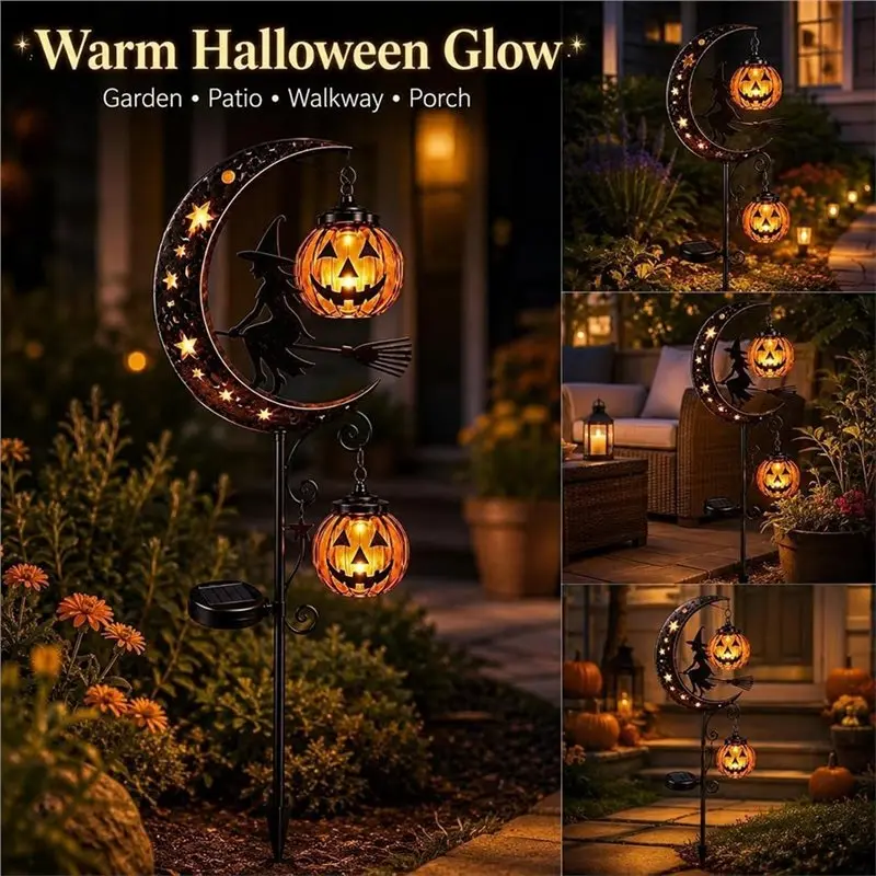 M11K-Solar Halloween For Lawn Garden Stake Light Featuring Pumpkin Lantern& Crescent Moon Design For Lawn Patio Walkway