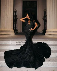 Luxury Crystal Beading Mermaid Prom Dress Glitter Sequins Gem Evening Birthday Party Gown Long Black Girls Robe De Soirée