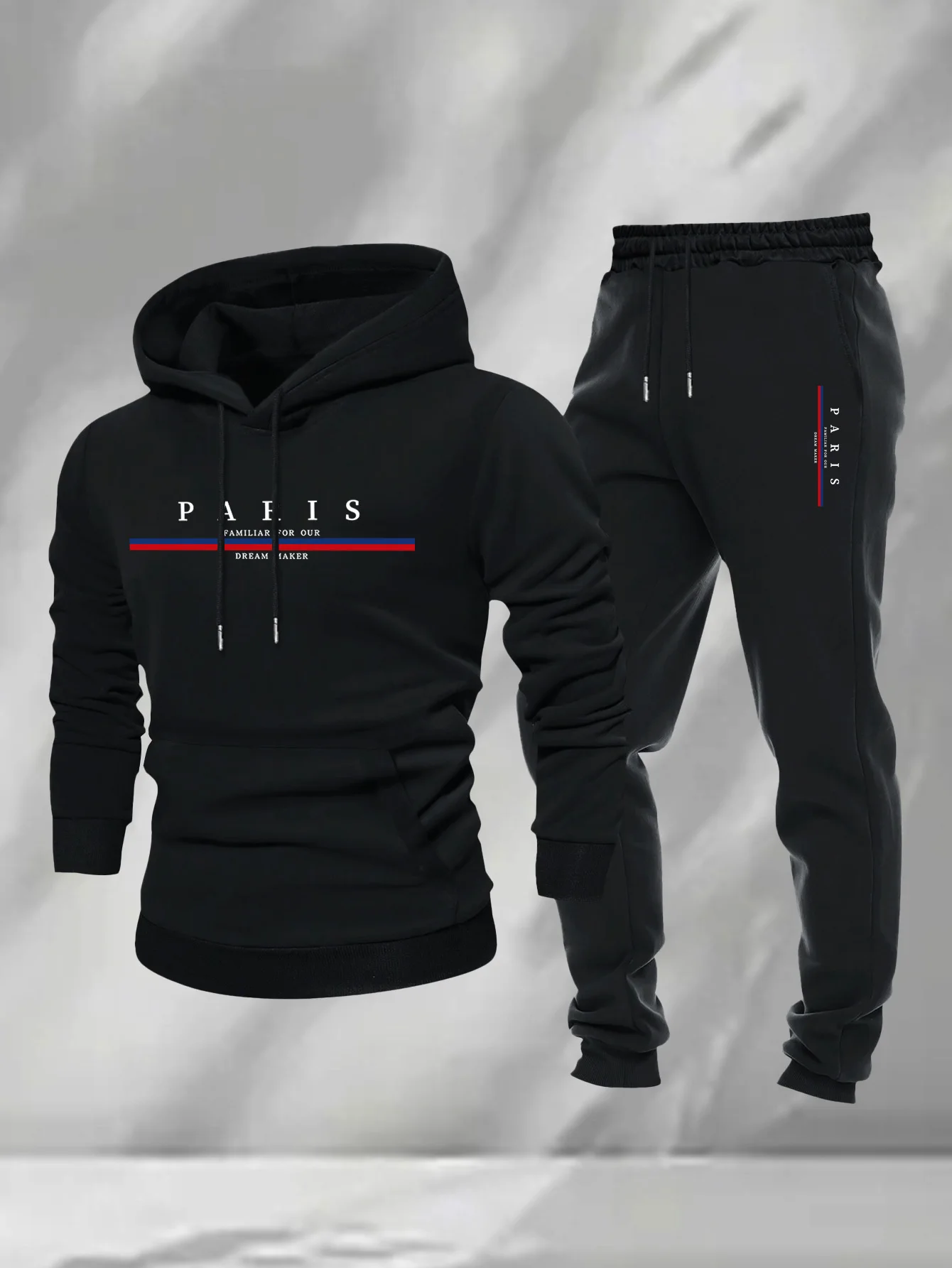 Conjunto de 2 piezas para hombre, sudadera con capucha y pantalones deportivos con estampado de letras de París y rayas rojas y azules, de poliéster, holgado, para otoño, uso diario, estilo casual, deportivo, para hombre.