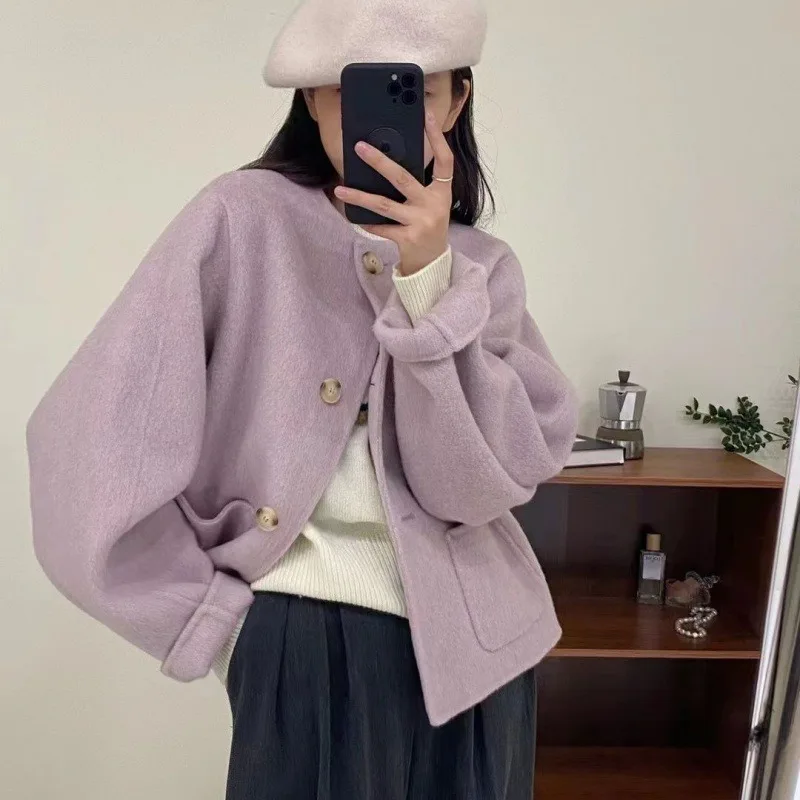 2024 Autumn and Winter New Solid Color Student French Style Short Loose Round Neck Wool Coat Women's Commuter Casual Wear