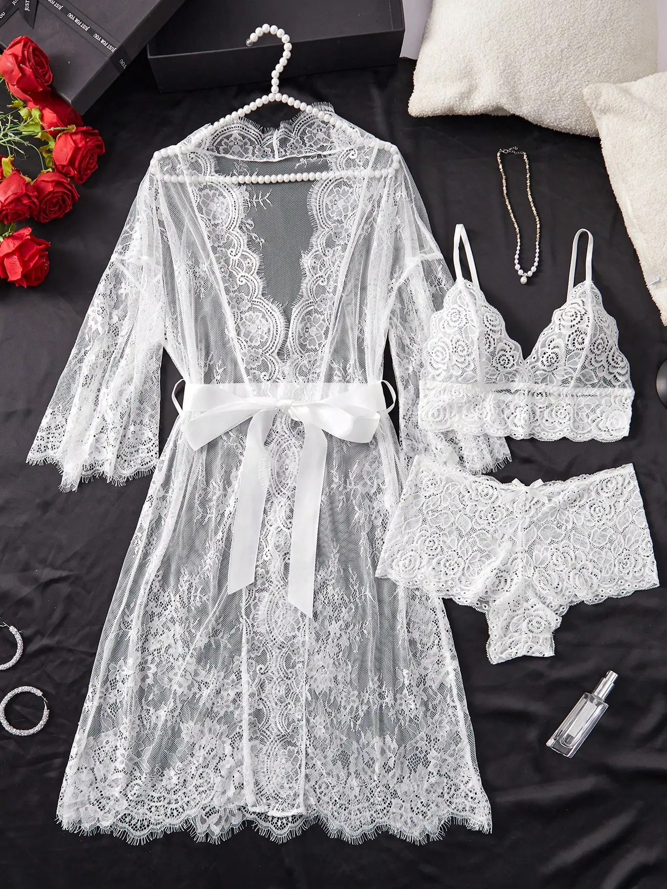 White Lace Deep V-Neck Robe & Matching Bralette Set with Satin Belt