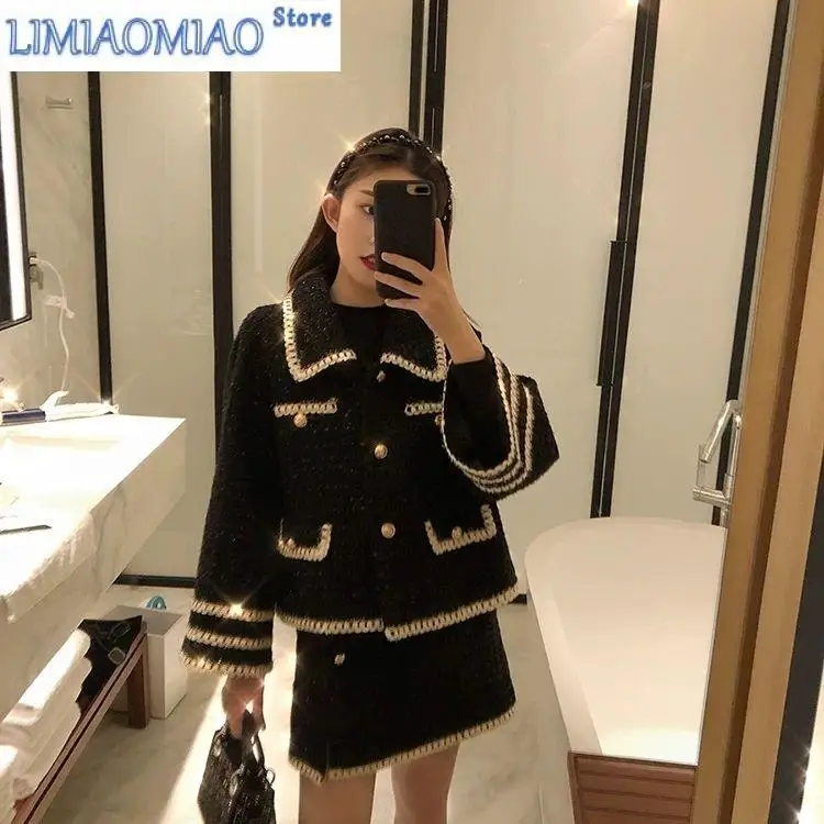 New Early Autumn Casual Fashion Women's 2-piece Set Doll Collar Long-sleeved Cardigan Top Mini A-line Skirt