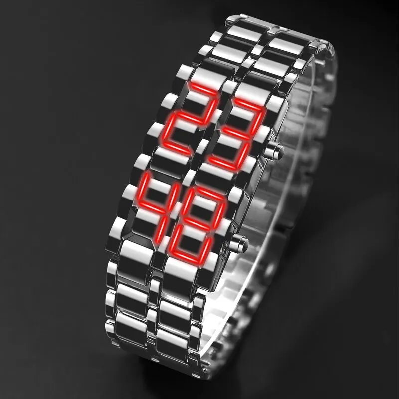 Fashion Silver Full Metal Digital Lava Wrist Watch Men Red LED Display Mens Watches Gifts for Male Boy Sport Creative Clock