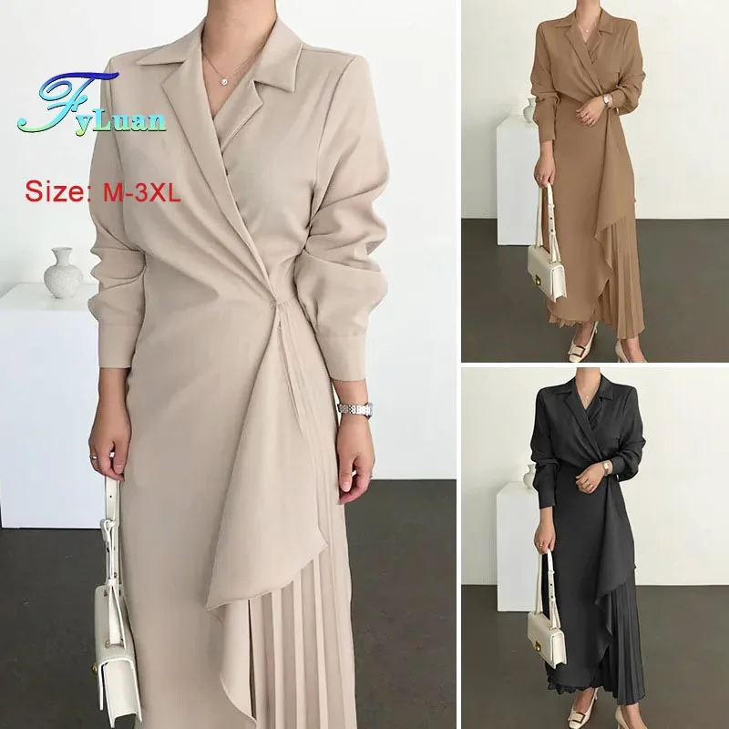 Vrouwen formele elegante shirtjurk retro lange effen kleur hoge taille jurk turn-down kraag lange mouw vrouwelijke woon-werkkleding