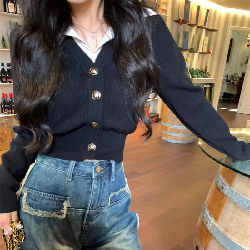 Long Sleeve Shirts Women Fake 2pecs Short Black Autumn Winter Slim Design Gentle All-match Preppy Students Minority Female Chic