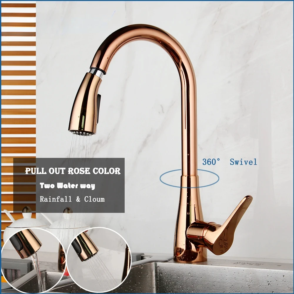 Rose Gold Kitchen Sink Faucet Black Single Handle Pull Out Kitchen Tap Single Hole Taps 360 Swivel Hot Cold  Water Mixer