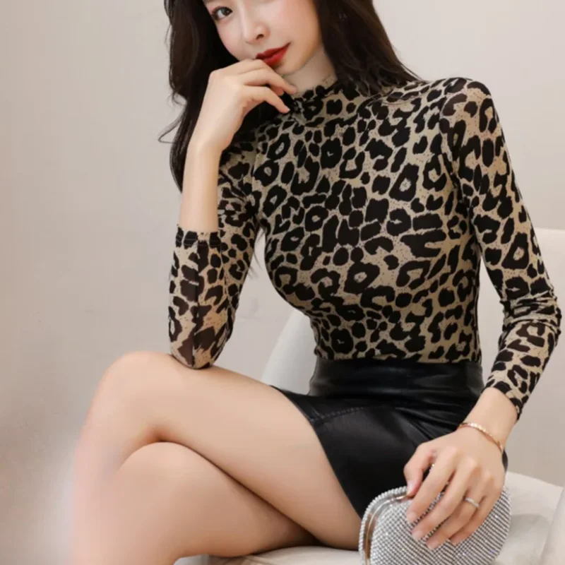 Women's Long Sleeve T-shirt Autumn Winter Top Female Leopard Print Turtleneck Sale Korean Reviews Many Clothes Kpop Clearance