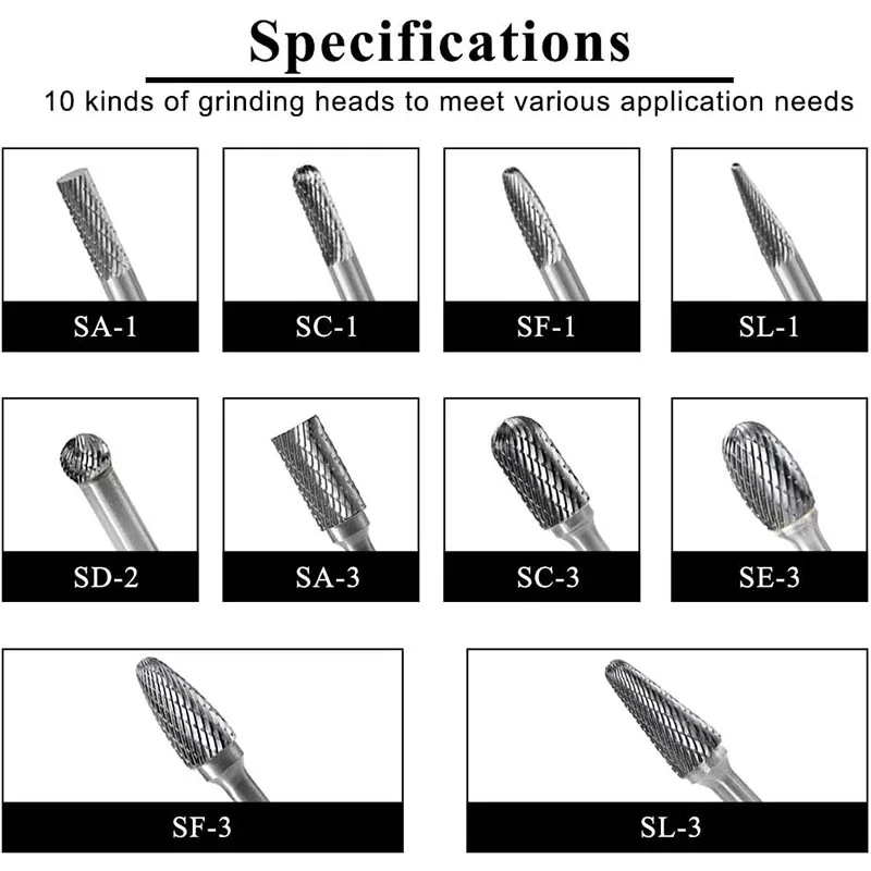 Carbide Burrs Set 10pcs Double Cut Solid Carbide Rotary Burr Set 1/4" Shank Die Grinder Bits For Steel, Metal Carving, Polishing