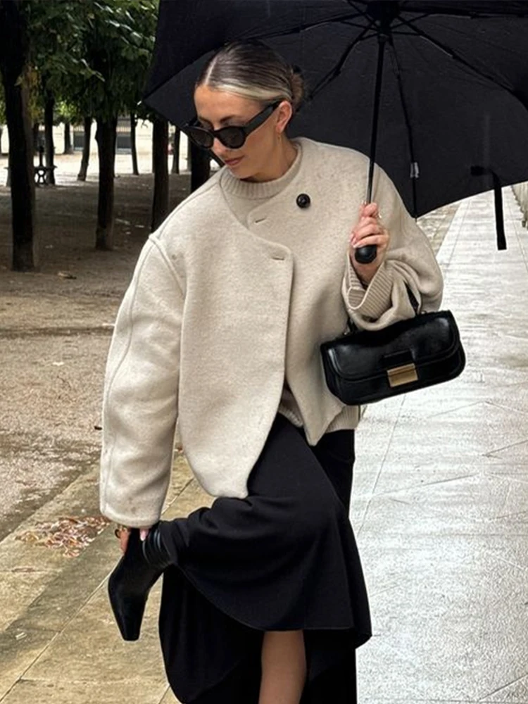 Abrigo de lana elegante con un botón para mujer, chaquetas informales lisas de manga larga con cuello redondo, prendas de vestir elegantes para ir