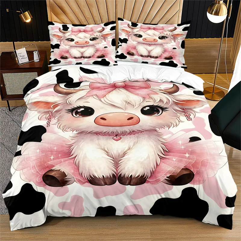 2/3Pcs Duvet Cover Set (No Comforter&Pillow Inserts),Cartoon Floral Lovely Cow Print,Soft Machine Washable,Cute Decor Bedroom