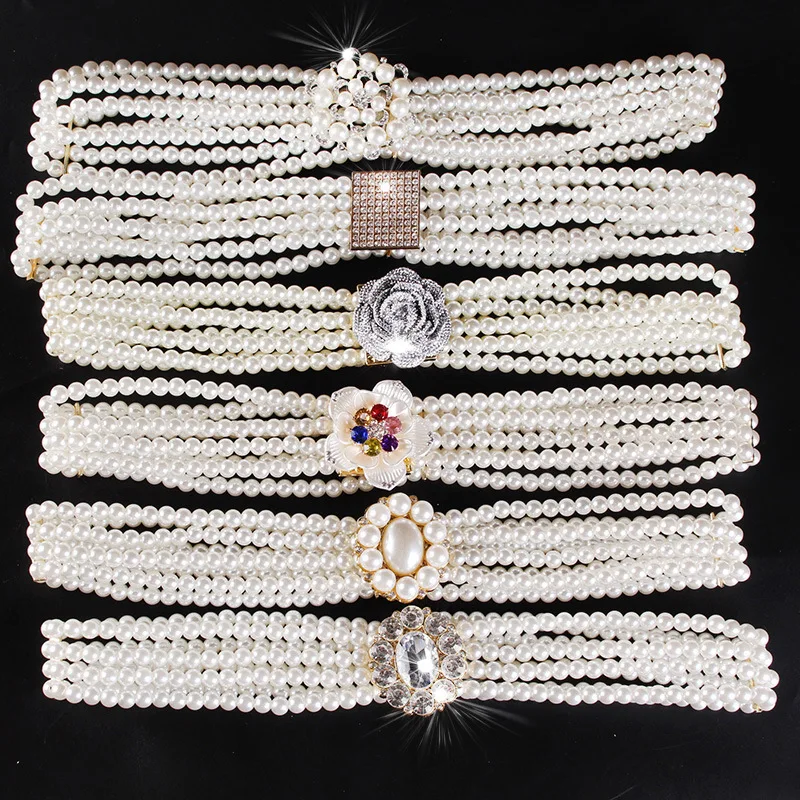 

Versatile Pearl Belt Beaded Decoration Retro Style Accessories Women's Elastic Waist Seal Rhinestone Flower Waist Chain