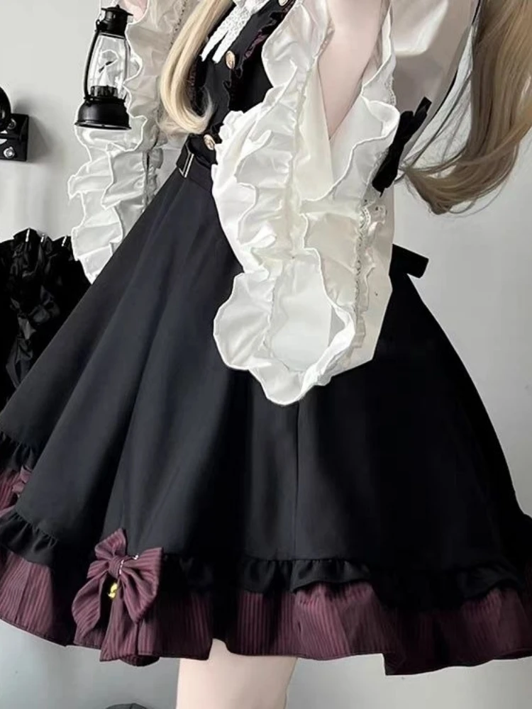 かわいいリボンフリルパッチワークドレスとフレアスリーブロリータブラウスY2k美的日本のかわいいツーピース女性用JKスーツ衣装