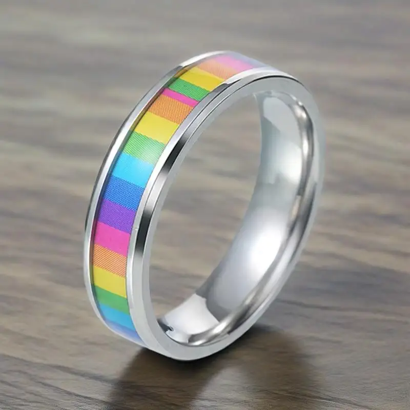 Trendy 316L Stainless Steel Rainbow LGBT Pride Ring for Men - Gay Lesbian Wedding Engagement Charm Jewelry