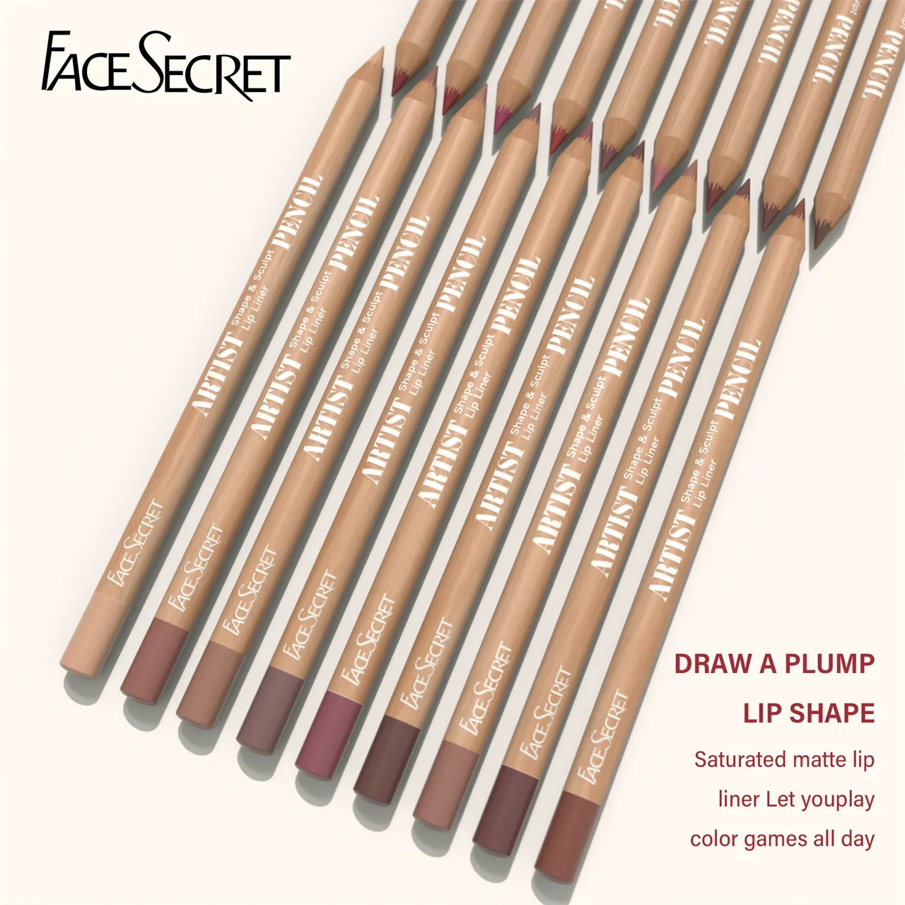 Lápis Face Secret 18 ColorLip Liner, preciso com textura super macia e misturável, fosco e macio