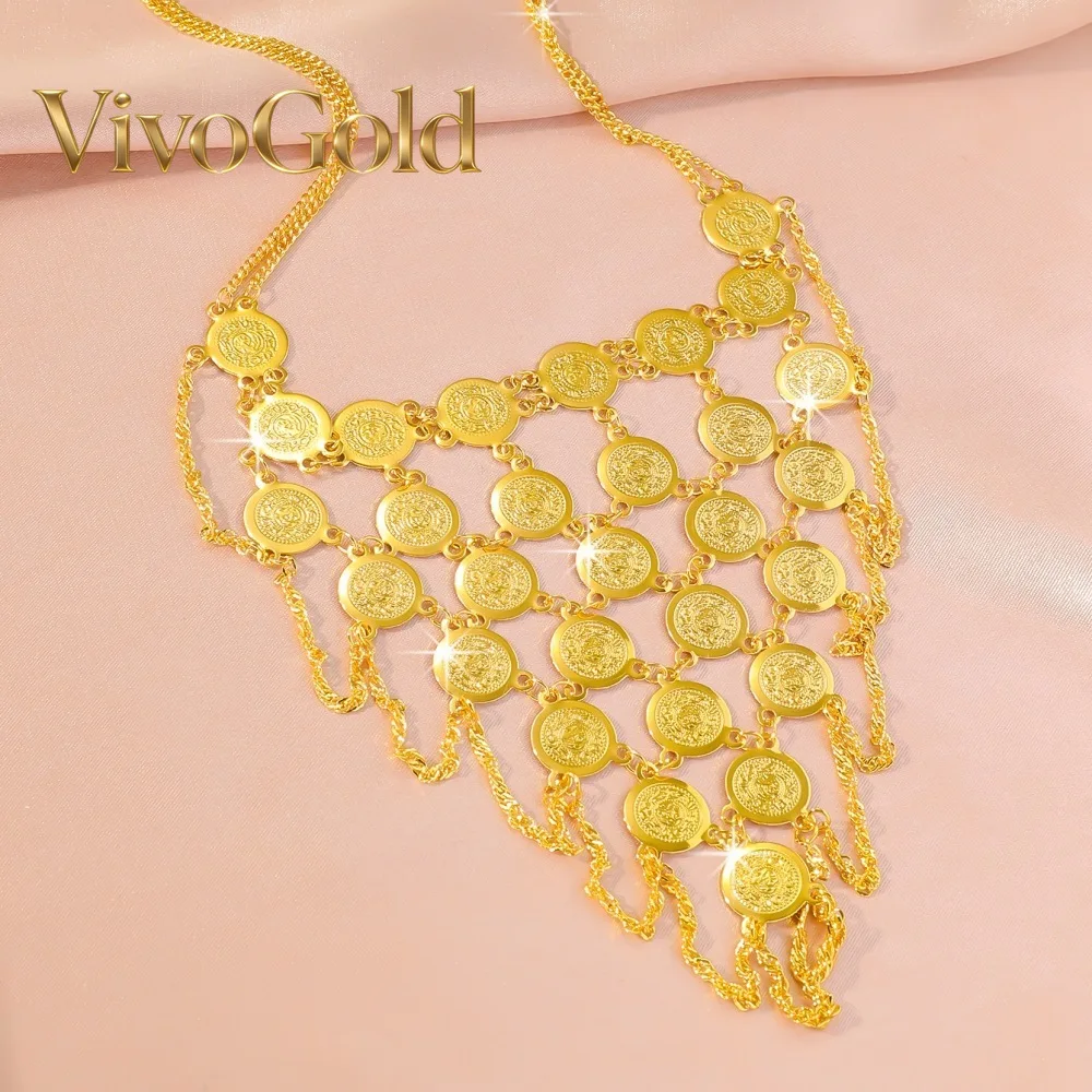 

VivoGoldLuxurious 9999 24K Real Gold African Dubai Wedding Antique Exquisite Tassel Necklace for Women Girl