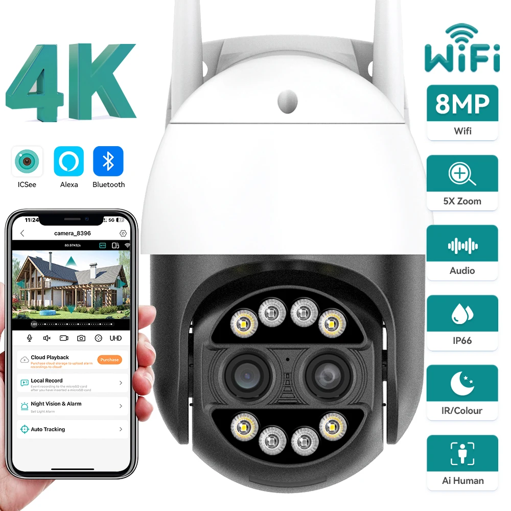 4K 8MP PTZ WIFI Camera 2.8mm+12mm Dual-Lens 8XZoom Two-Way Audio AI Auto Tracking Outdoor 4MP ICSEE Wireless Smart IP Camera