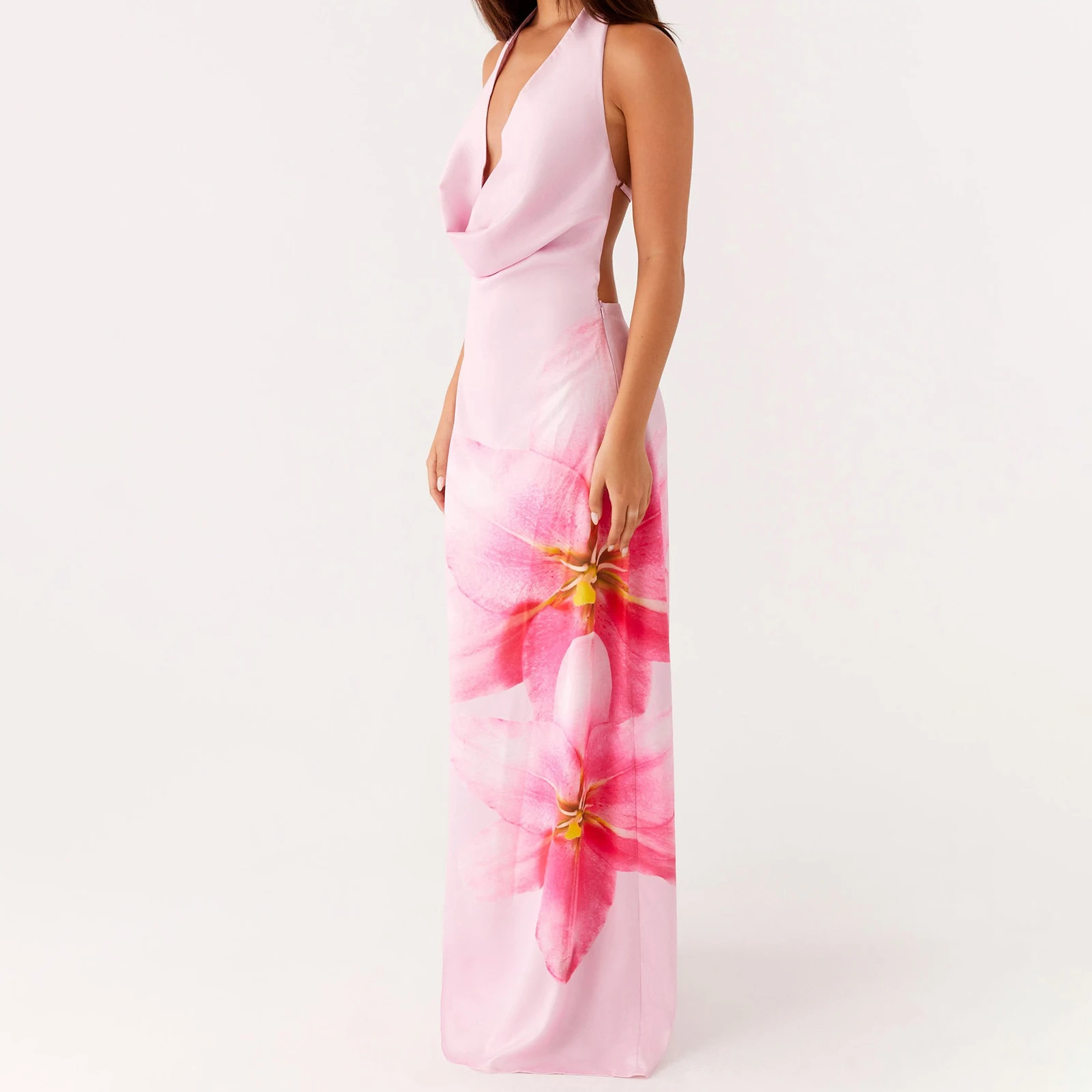 Combhasaki ผู้หญิง Elegant Lace-up Halter Cowl คอสายรัดปรับ Backless ดอกไม้พิมพ์ฤดูร้อน Silky ชุดยาว