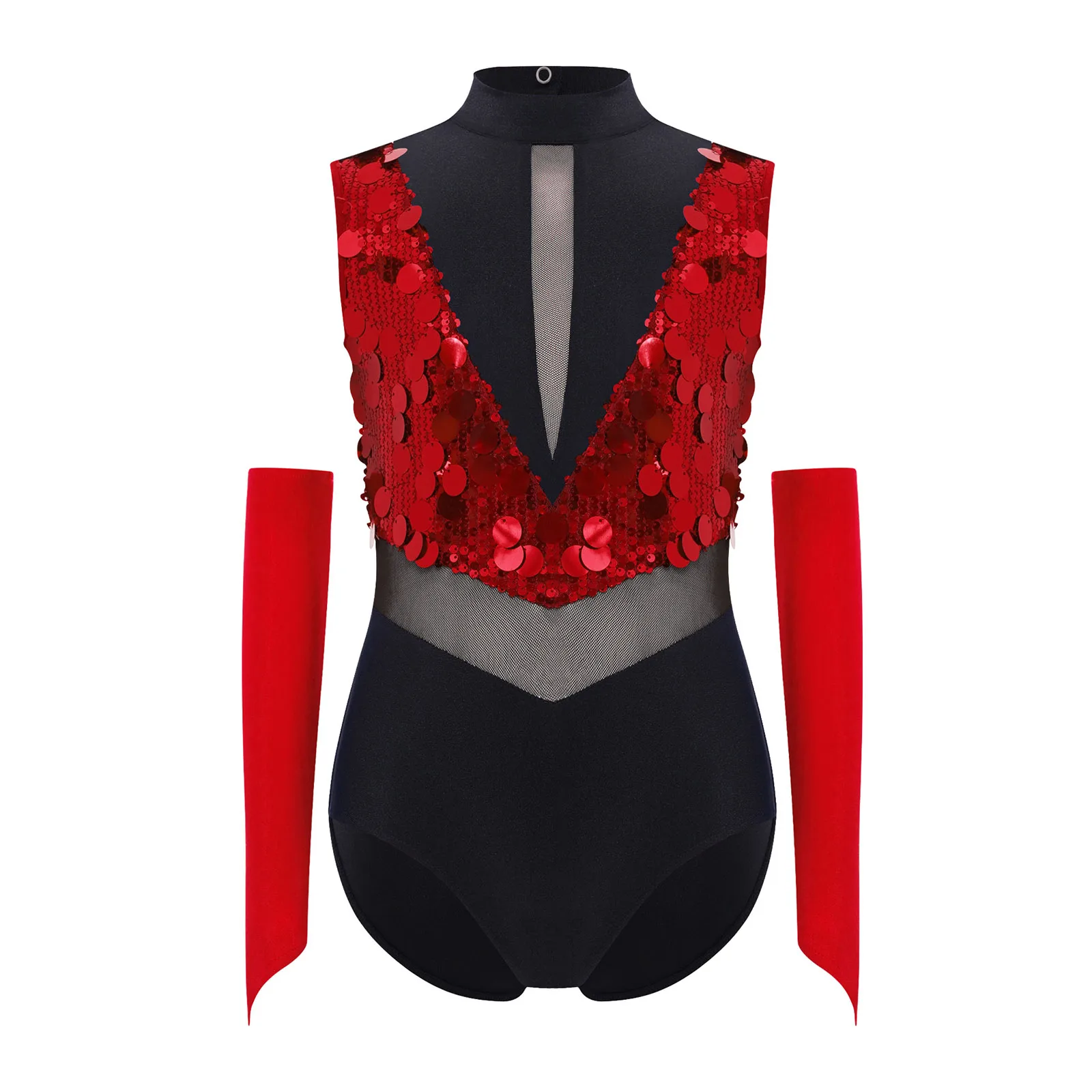 Kids Girls Gymnastics Jumpsuits Dance Outfit Cutout Back Sparkling Sequins Ballet Leotard with Gloves Performance Costumes