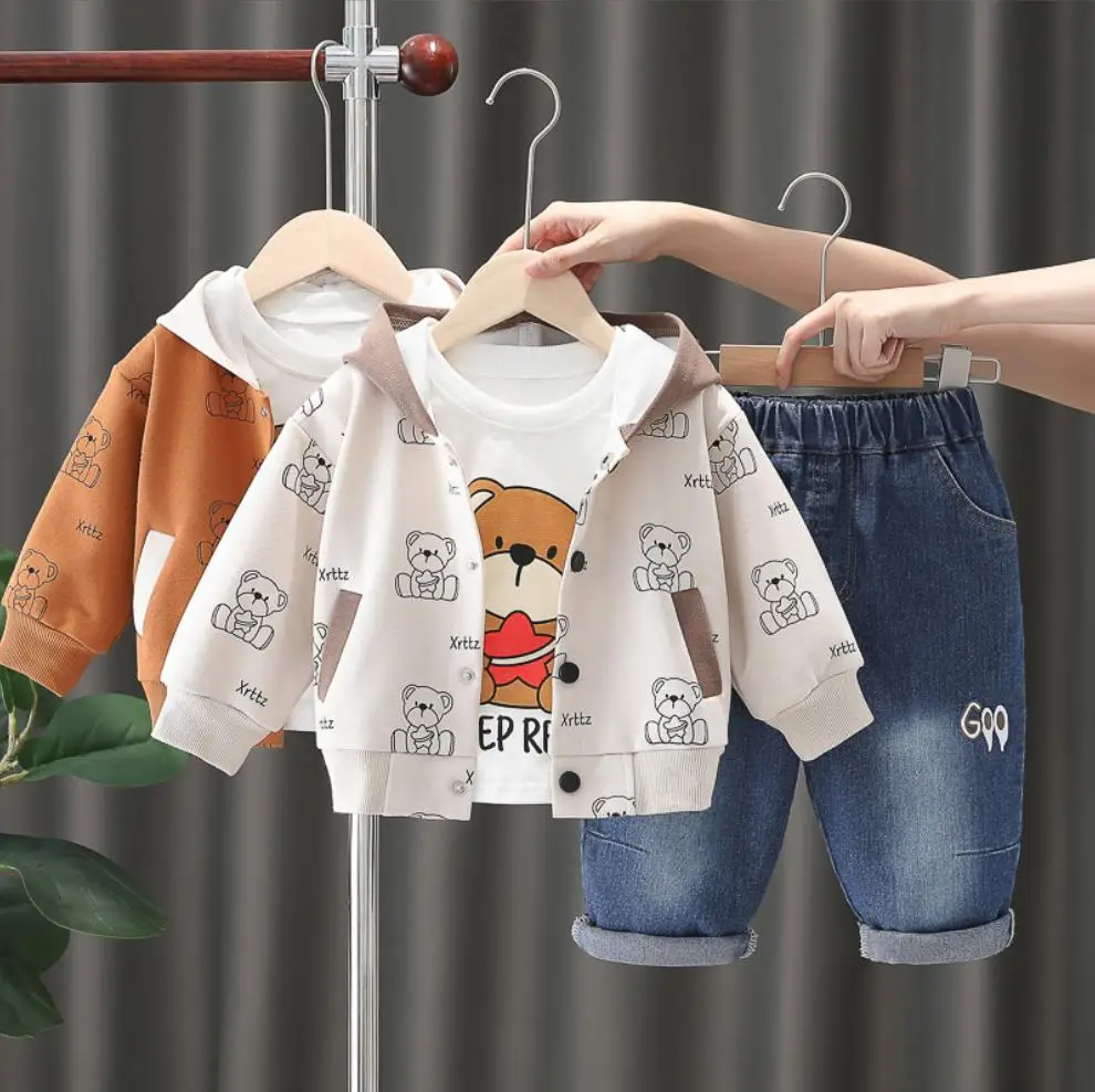 Designer Boys Fall Sets 1 To 2 Years Cartoon Bear Hooded Jackets White T-shirts Pants 3Pcs Outfits Children Clothing Tracksuits