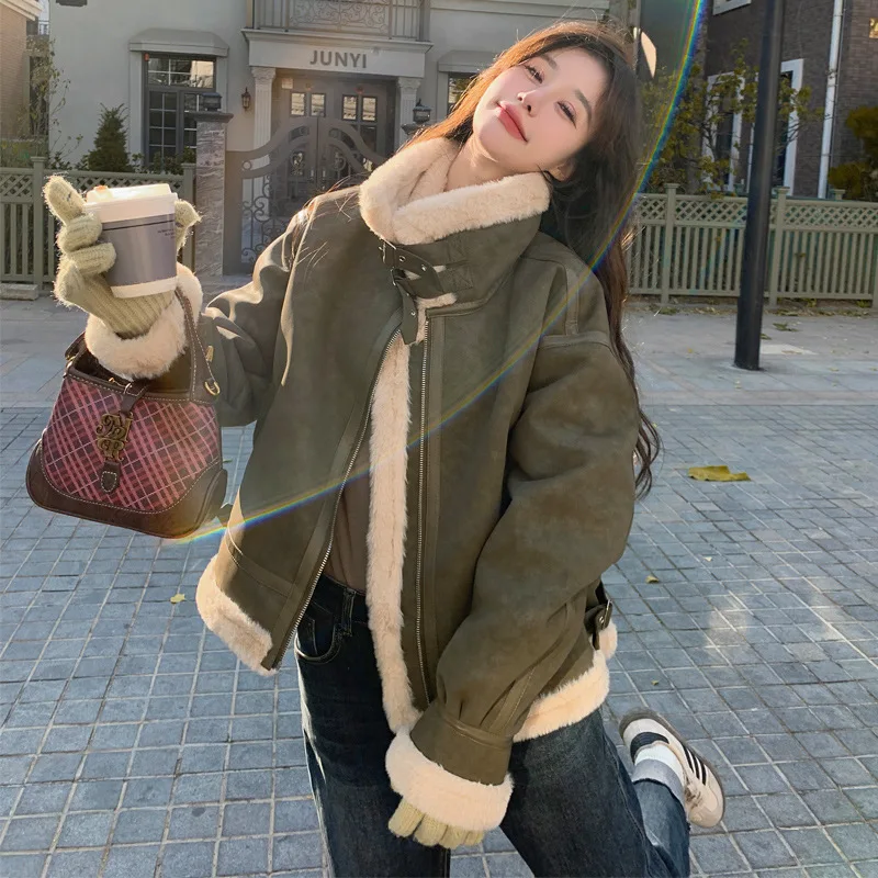 Women Winter New Thickened Leather Fur Integrated Loose Fit Jacket Retro Fashion Versatile Short Style  Lamb Fur Jacket