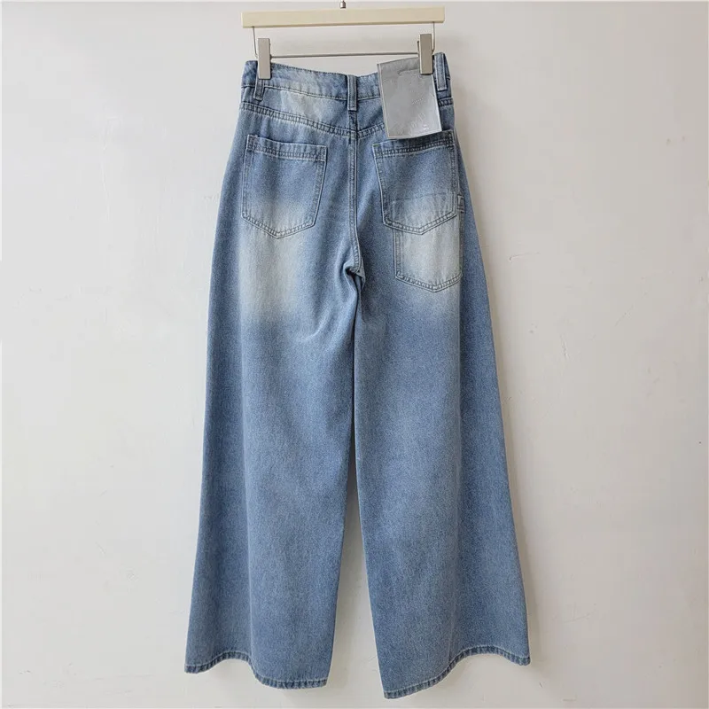 ANJY Spring Autumn New Women Heavy Diamond Flower Beaded Design Jeans Washed Distressed Loose Casual Wide Leg Denim Pants A28355