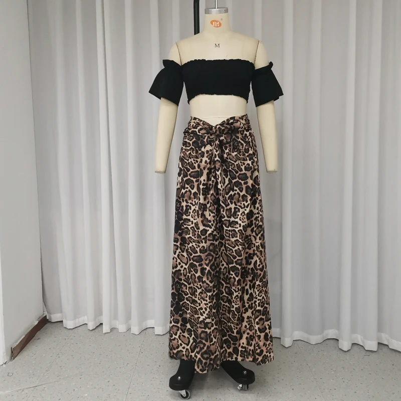 Waytobele Two Piece Set Summer 2024 Women Fashion Off Shoulder Solid Short Sleeved Pleated Slim Top Leopard Print Skirt Sets