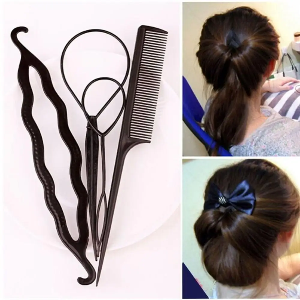 4 Stuks Hair Styling Tool Set Vlecht Paardenstaart Bun Maker Kam Diy Kappers Accessoire Haar Styling Set Haar Lus Magische Topsy Staart