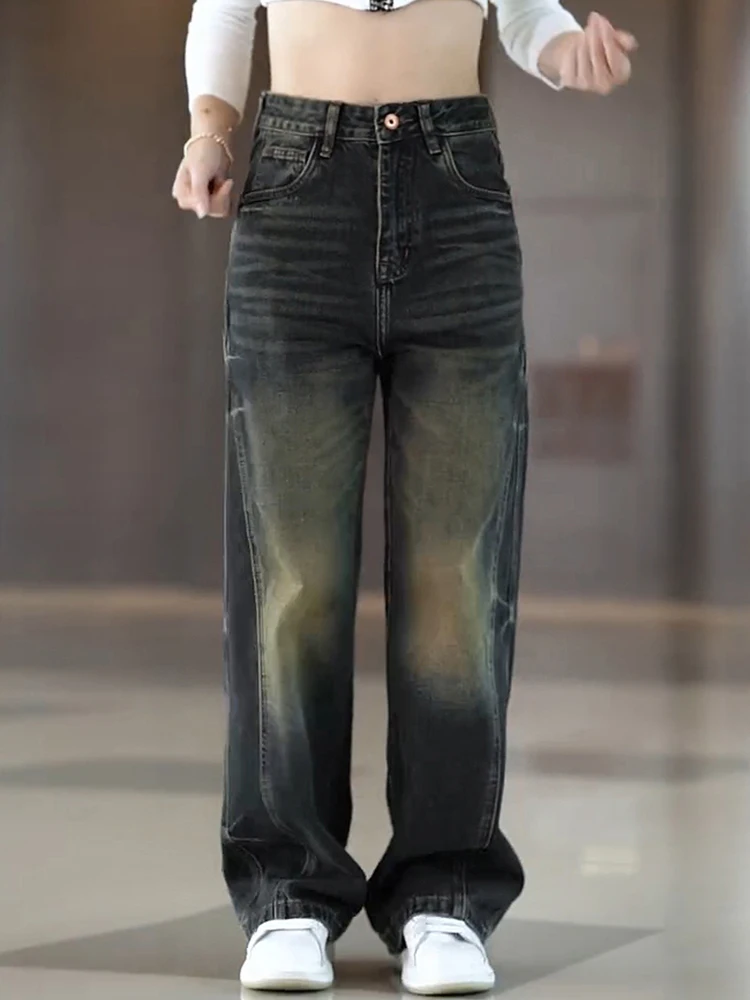 

Retro American Denim Jeans Men's Fashionable Wide Leg Pants Casual Wear All-Match Splicing Loose Fit Long Trousers