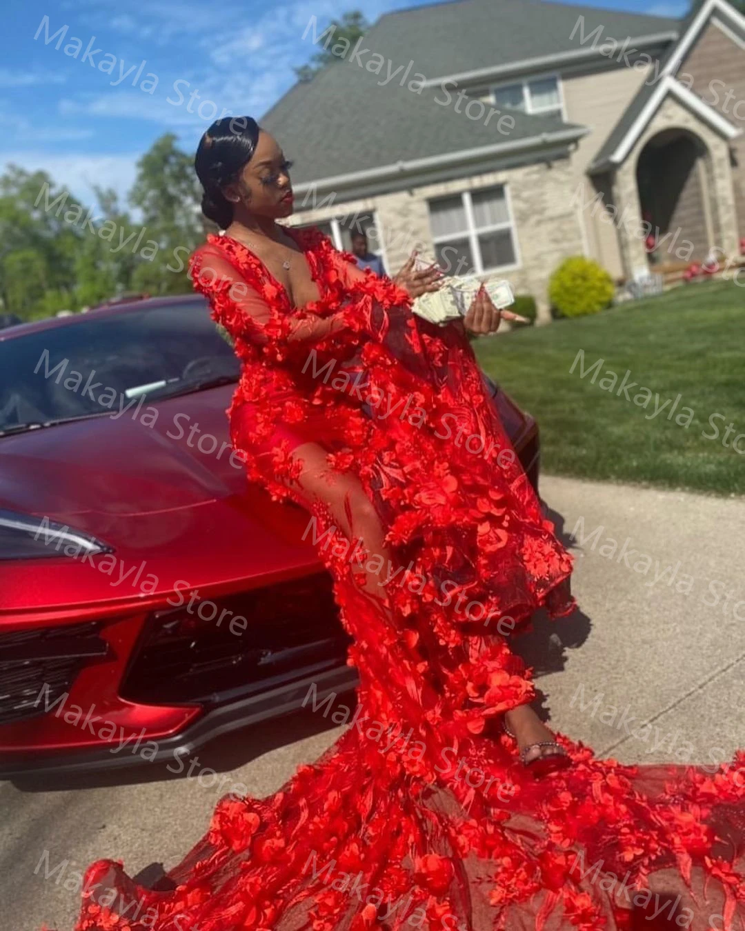 Vestidos de graduación rojos con volantes de sirena, mangas largas, apliques de encaje, tallas grandes, vestidos de novia elegantes para fiesta de boda para mujer africana