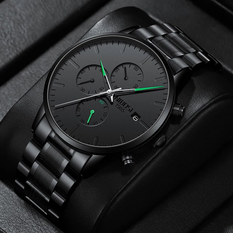 NIBOSI-reloj analógico de acero inoxidable para hombre, accesorio de pulsera de cuarzo resistente al agua con cronógrafo, complemento Masculino de marca de lujo en color negro